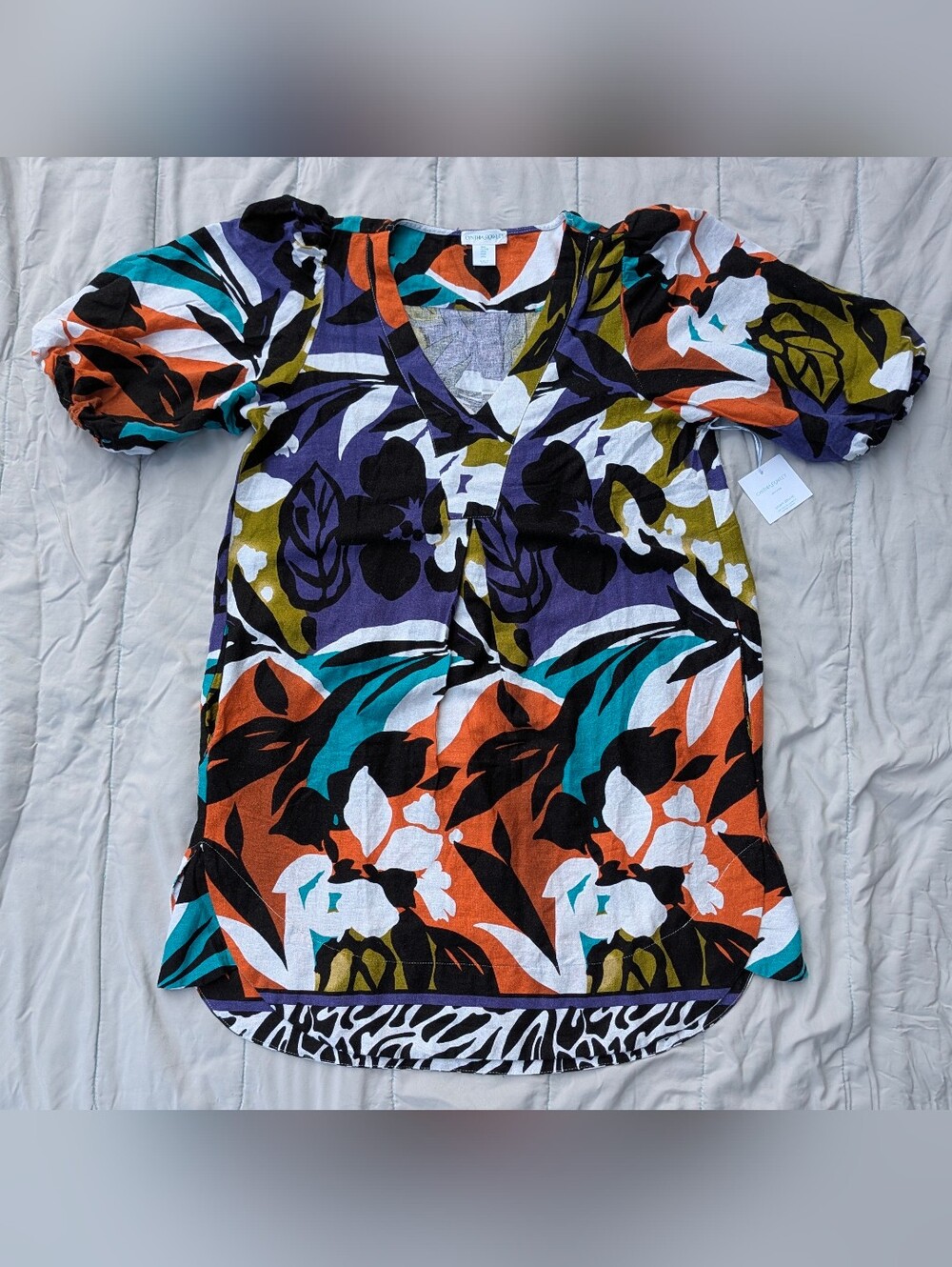 NWT Cynthia Rowley Colorful Tropical Floral Puff Sleeve Linen Dress